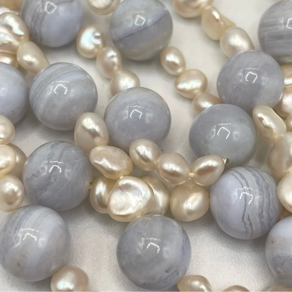 14K Gold Vintage Blue Lace Agate Freshwater Pearl Beaded Statement Necklace Long